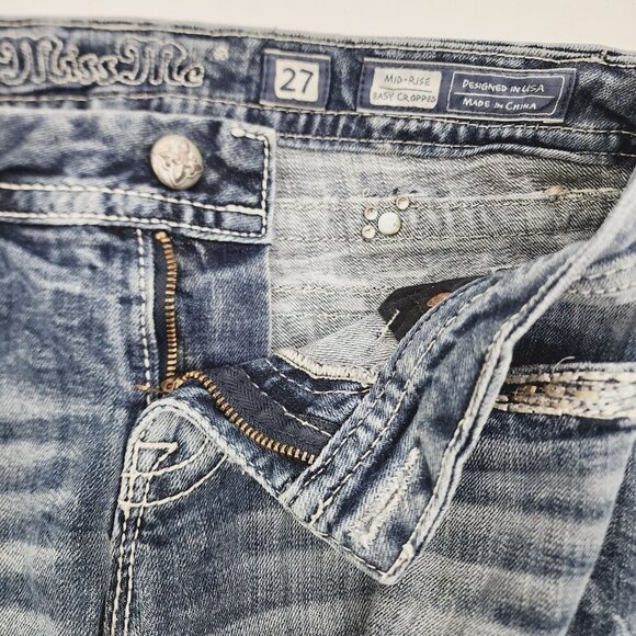 Miss Me Jeans Easy Cropped Womens Size 27 Blue Denim Embroidered Embellished - Picture 7 of 10